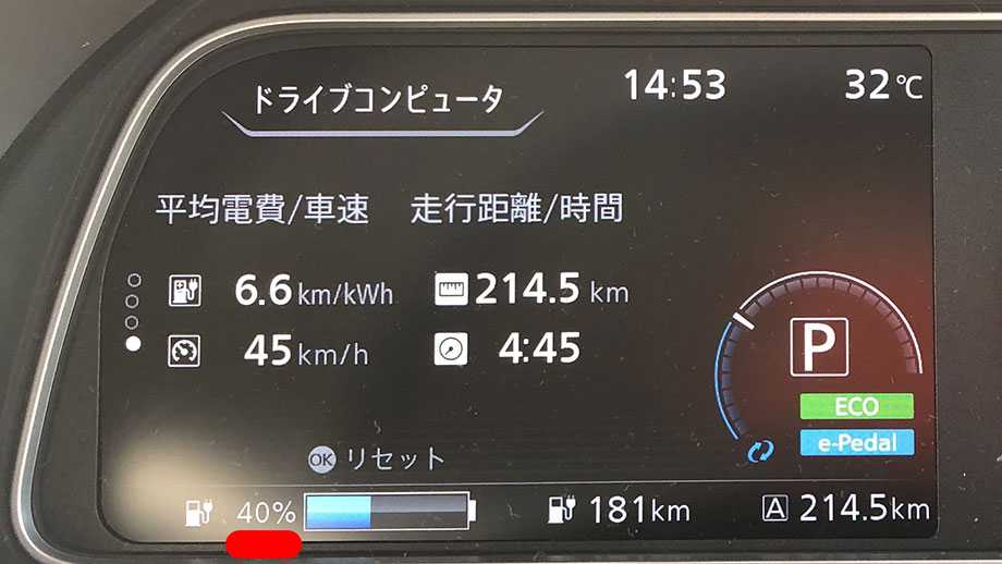 中央道 談合坂SA（上り）到着時　日産リーフ e+（62kWh）メーター　エアコンON