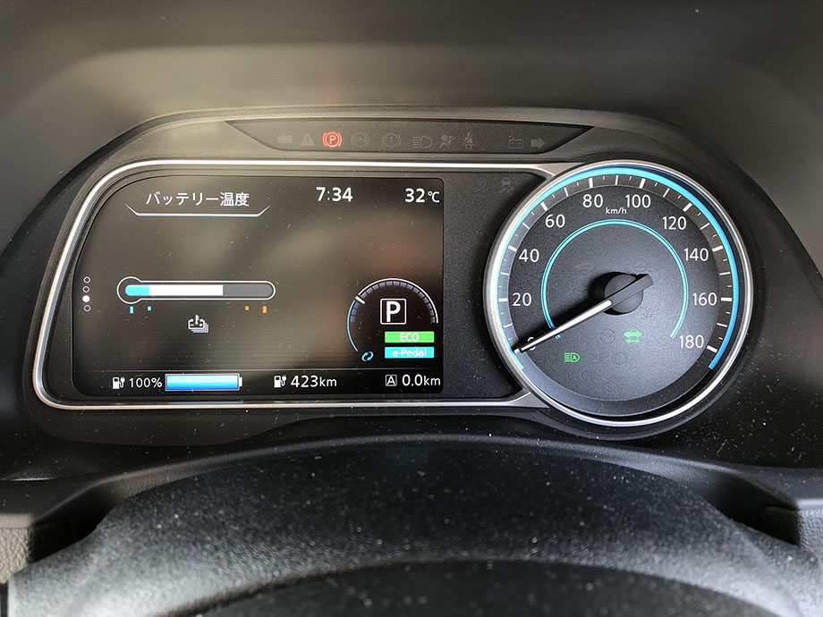 神戸出発時 日産リーフ e+（62kWh）メーター エアコンON