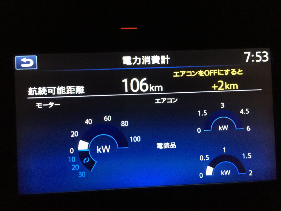 高速道路走行中　日産リーフ　電力消費計　エアコンON/OFFの差は2㎞程度