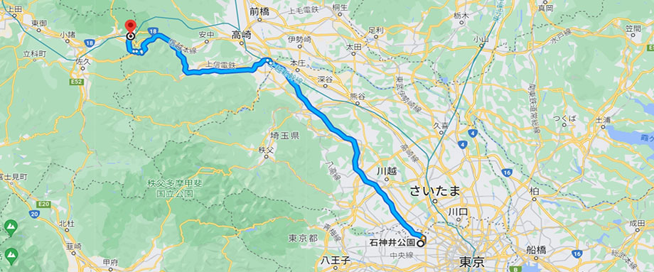 日産アリア B9 e-4ORCE limited 東京～軽井沢往復記録　距離約330㎞ 途中充電なし地図