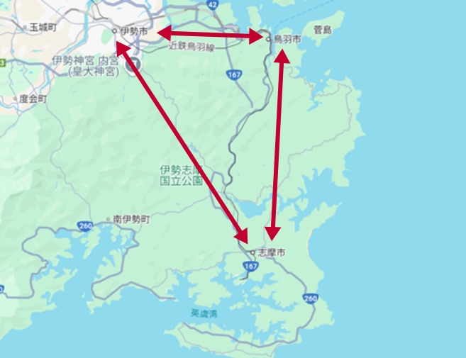 伊勢市から鳥羽市、志摩市を巡り、再び伊勢市へ戻るルート